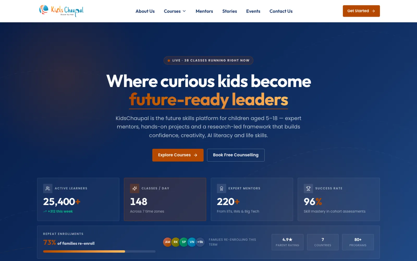 KidsChaupal homepage: 'Where curious kids become future-ready leaders'