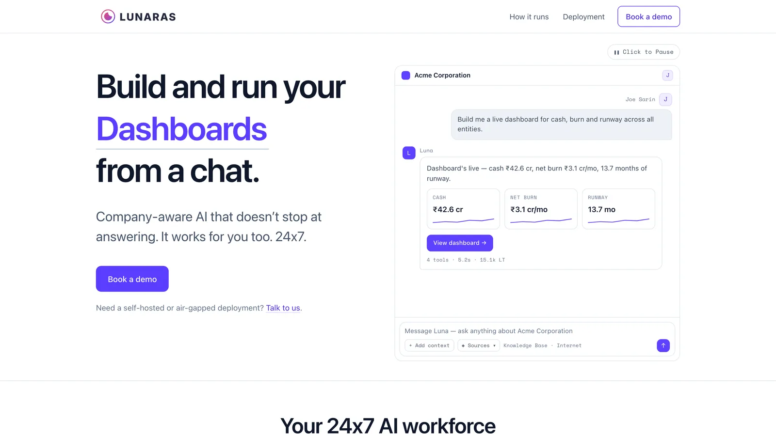 Lunaras home page: build and run your dashboards from a chat