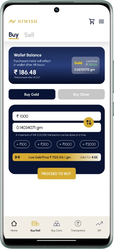 Niwish app buy gold screen with live price and amount presets