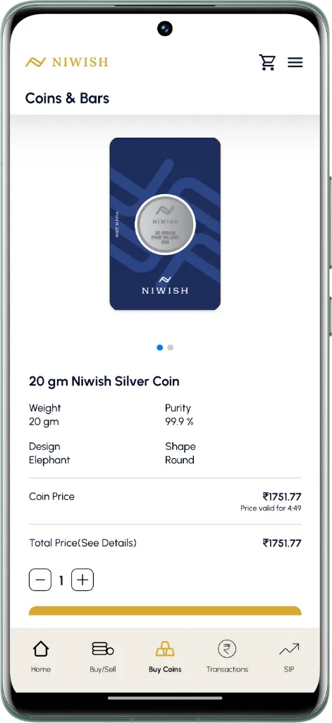 Niwish app coins and bars product detail screen