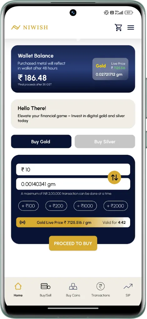 Niwish app home screen with wallet balance and live gold price