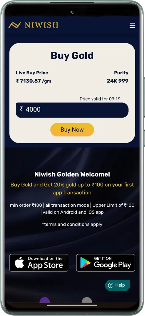 Niwish app buy gold promotional screen