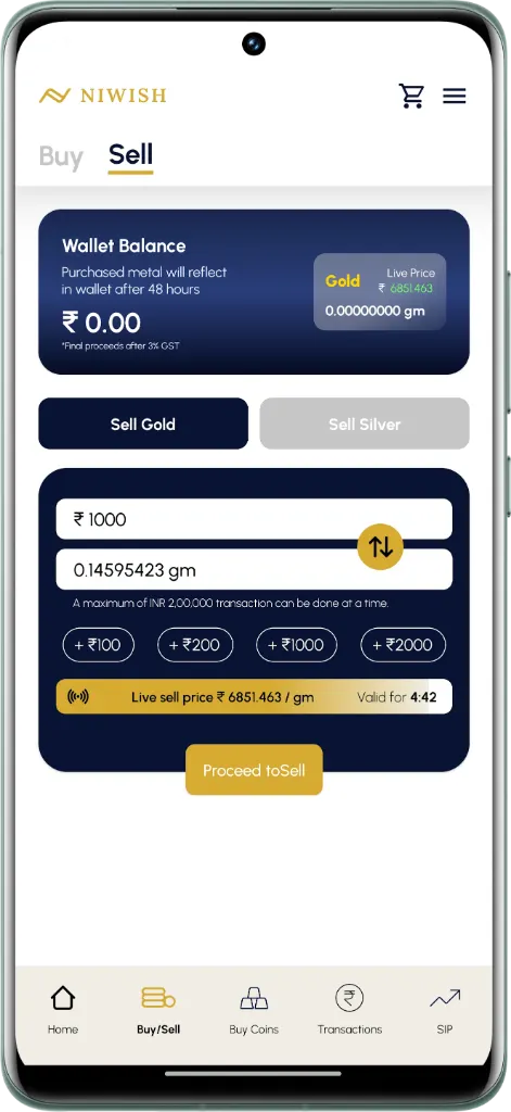 Niwish app sell gold flow