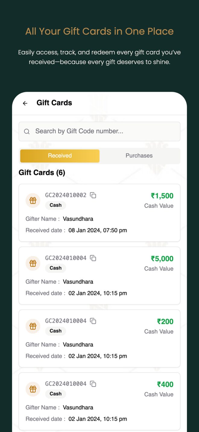 Vasundhara app gift cards screen listing received gift cards with code, value, gifter name and received date