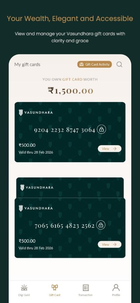 Vasundhara app gift card wallet and card list