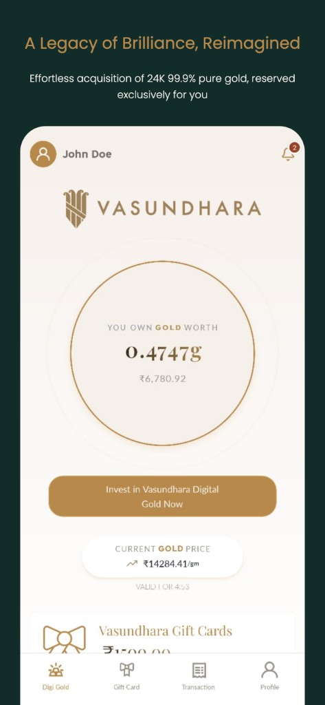 Vasundhara app digital gold home with balance and live price