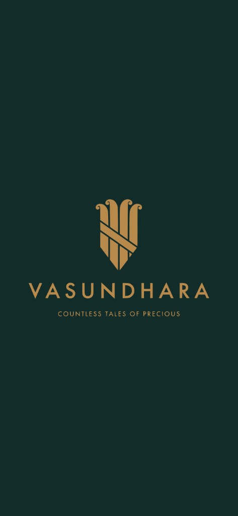 Vasundhara app brand splash with logo on deep green