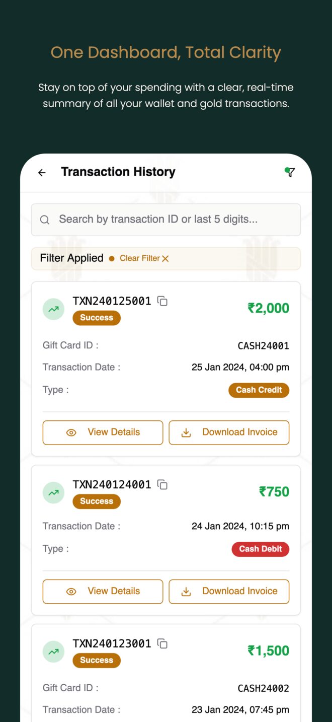 Vasundhara app transaction history screen with search, filters, transaction status and invoice download